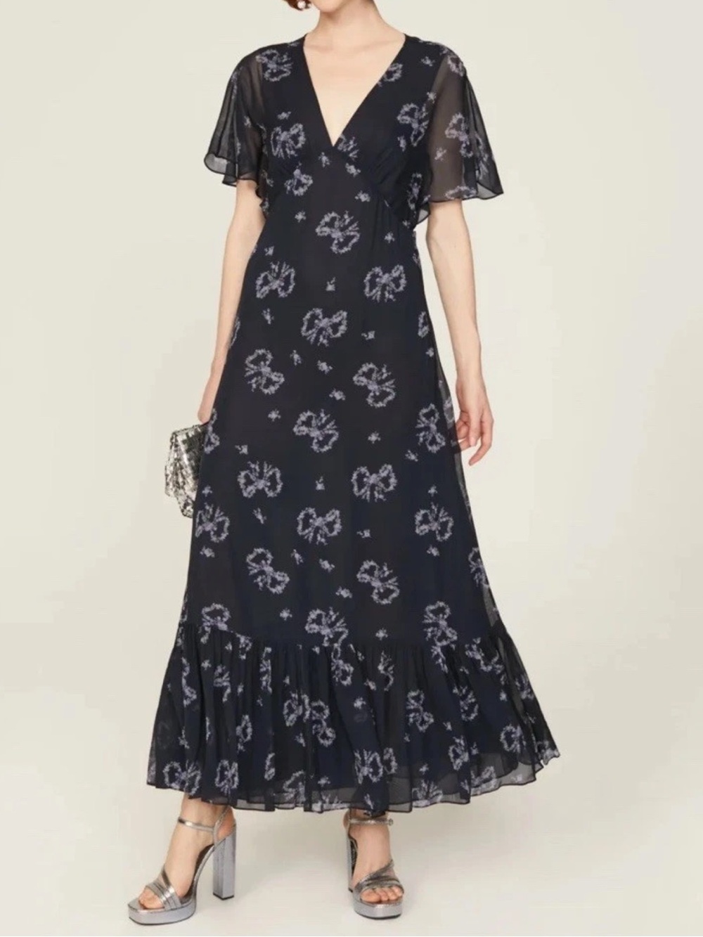 LoveShackFancy Kover Floral Chiffon Maxi Dress navy floral bows print
